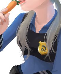 Rule 34 | 1girl, artist request, carrot, disney, head out of frame, highres, humanization, judy hopps, personification, police, police uniform, simple background, uniform, white background, zootopia