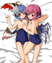 Rule 34 | 2girls, ahoge, ass, back, bad id, bad pixiv id, bare shoulders, bed sheet, blue hair, breasts, clothes pull, covered navel, earrings, female focus, flat chest, head wings, horns, jewelry, looking at viewer, lying, multicolored hair, multiple girls, mystia lorelei, navel, nipples, no headwear, on back, one-piece swimsuit, one-piece swimsuit pull, pink hair, red eyes, school swimsuit, short hair, skin tight, small breasts, swimsuit, tks (526tks), tokiko (touhou), touhou, two-tone hair, white hair, wings