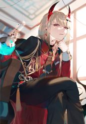 Rule 34 | 1girl, black nails, black pants, blonde hair, brown necktie, coat, crossed legs, earrings, highres, holding, horns, indoors, jacket, jewelry, long sleeves, mizumi zumi, nail polish, necktie, original, pants, red eyes, red horns, red shirt, ring, shirt, short hair, solo, test tube