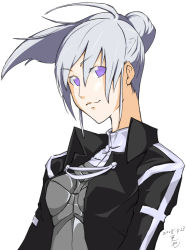 Rule 34 | 00s, 1girl, ahoge, armor, breastplate, cropped jacket, dated, kouya, long hair, melty blood, ponytail, purple eyes, riesbyfe stridberg, signature, silver hair, solo, tsukihime, upper body