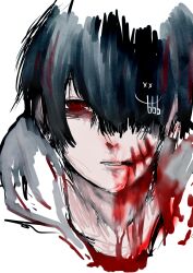 Rule 34 | 1boy, blood, blood on face, hair over one eye, itoshiki eru, male focus, original, painting (medium), picture frame, red eyes, signature, traditional media, watermark