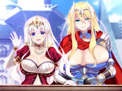 Rule 34 | 2girls, armor, blonde hair, blue eyes, blush, breasts, cape, chikubi (artist), cleavage, closed mouth, collar, crown, day, detached collar, diana (ingoku no himekishi shimai), dress, elbow gloves, game cg, gauntlets, gloves, green eyes, hair between eyes, hand up, hands together, happy, huge breasts, ingoku no himekishi shimai: orc no kachiku naedoko, jewelry, knight, large breasts, light blush, long hair, looking at viewer, multiple girls, muriel (ingoku no himekishi shimai), necklace, open mouth, original, outdoors, princess, puffy short sleeves, puffy sleeves, red cape, short sleeves, shoulder armor, size difference, smile, standing, upper body, waving, white hair, zion (company)