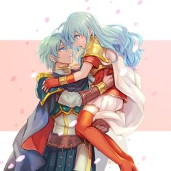 Rule 34 | 1boy, 1girl, aqua hair, artist name, blue eyes, boots, brother and sister, brown gloves, cape, carrying, closed mouth, couple, eirika (fire emblem), ephraim (fire emblem), fingerless gloves, fire emblem, fire emblem: the sacred stones, from side, gloves, hetero, high heel boots, high heels, highres, incest, long hair, nana (nanalog76), nintendo, open mouth, petals, red gloves, short hair, short sleeves, siblings, skirt, thighhighs, twincest, twins, white cape