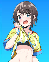 Rule 34 | 1girl, :d, aqua eyes, black hair, blue background, dodome-iro mayonnaise, hololive, looking at viewer, navel, oozora subaru, oozora subaru (1st costume), open mouth, shirt, short hair, simple background, smile, solo, sports bra, stomach, striped clothes, striped shirt, sweat, tied shirt, vertical-striped clothes, vertical-striped shirt, virtual youtuber, wiping sweat, wristband