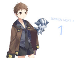 Rule 34 | 1boy, brown eyes, brown hair, hand in pocket, male focus, necktie, nup, nup martini, oxo, r (summon night), short hair, shorts, simple background, solo, summon night, summon night 3, white background