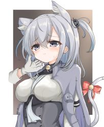 Rule 34 | 1girl, animal ear fluff, animal ears, bell, blush, bodysuit, breasts, cape, cat ears, cat tail, closed mouth, gloves, grey cape, grey eyes, hachimaki, hair between eyes, hand on another&#039;s chin, headband, kantai collection, kasashi (kasasi008), long hair, medium breasts, one side up, out of frame, ribbon, silver hair, simple background, stroking another&#039;s chin, suzutsuki (kancolle), sweat, tail, tail bell, tail ornament, tail ribbon, upper body, white bodysuit, white gloves, white headband