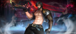 Rule 34 | 1boy, abs, absurdres, artist request, bara, bare pectorals, black hair, check copyright, copyright request, cropped jacket, feet out of frame, highres, incredibly absurdres, large pectorals, looking at viewer, male focus, mature male, muscular, muscular male, navel, nipples, original, over shoulder, pectorals, short hair, solo, standing, sword, sword over shoulder, thick thighs, thighs, weapon, weapon over shoulder