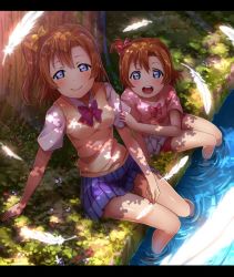 Rule 34 | aged down, bike shorts, blue eyes, blue skirt, bow, brown hair, commentary, dappled sunlight, dual persona, feathers, hair bow, hand on another&#039;s arm, kosaka honoka, letterboxed, looking at viewer, love live!, love live! school idol project, multiple girls, one side up, open mouth, orange hair, otonokizaka school uniform, pleated skirt, red bow, school uniform, sitting, skirt, smile, soaking feet, stream, sunlight, time paradox, usamaru67pi, yellow bow