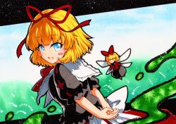 Rule 34 | blonde hair, blue eyes, bow, bubble skirt, frilled shirt, frilled sleeves, frills, medicine melancholy, puffy short sleeves, puffy sleeves, qqqrinkappp, red bow, red neckwear, red ribbon, ribbon, shirt, short hair, short sleeves, skirt, solo, touhou, traditional media, wavy hair