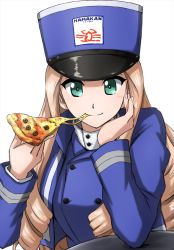 Rule 34 | 1girl, bc freedom military uniform, blonde hair, blue hat, blue jacket, blue vest, cheese trail, closed mouth, commentary, dress shirt, drill hair, eating, food, food in mouth, girls und panzer, green eyes, hand on own face, hat, high collar, highres, holding, holding food, jacket, kepi, logo, long hair, long sleeves, looking at viewer, marie (girls und panzer), military, military hat, military uniform, omachi (slabco), pizza, pizza slice, shirt, smile, solo, uniform, vest, white shirt