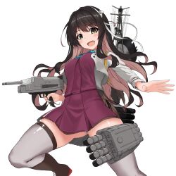 Rule 34 | 1girl, absurdres, adapted turret, black hair, blazer, bow, bowtie, breasts, cannon, fang, hair down, hairband, highres, jacket, kantai collection, kinakomochi (testament05), large breasts, long hair, looking at viewer, machinery, multicolored hair, naganami (kancolle), naganami kai ni (kancolle), open mouth, panties, pink hair, rigging, school uniform, shirt, simple background, smile, smokestack, solo, thighhighs, torpedo, torpedo launcher, torpedo tubes, turret, two-tone hair, underwear, wavy hair, white background, white hairband, white panties, yellow eyes