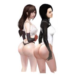 Rule 34 | 2girls, ass, bare shoulders, black hair, blue eyes, breasts, brown hair, butt crack, crossover, elbow gloves, final fantasy, final fantasy vii, gloves, hand on ass, highres, huge ass, ishiki (pixiv27785578), large breasts, leotard, long hair, looking at viewer, looking back, mass effect (series), mass effect 1, miranda lawson, multiple girls, red eyes, shiny skin, sideboob, smile, thong, tifa lockhart