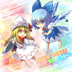 Rule 34 | 2girls, barefoot, blonde hair, blue dress, blue eyes, blue hair, bow, capelet, chestnut mouth, chibi, cirno, commentary request, dress, fairy wings, grin, hair bow, hat, ice, ice wings, lily white, long sleeves, multiple girls, open mouth, puffy sleeves, shirt, short sleeves, smile, touhou, umigarasu (kitsune1963), white dress, wide sleeves, wings, yellow eyes