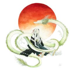 Rule 34 | 1girl, absurdly long hair, circle, commentary request, covered eyes, dragon, highres, kamura gimi, long hair, original, painting (medium), profile, sandals, signature, sitting, socks, solo, traditional media, very long hair, watercolor (medium), white background, white footwear, white hair