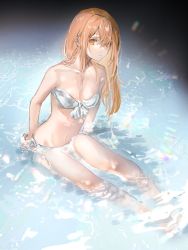 Rule 34 | 1girl, bandeau, bare arms, bare legs, barefoot, bikini, breasts, cleavage, collarbone, commentary, copyright request, expressionless, facial mark, forehead mark, front-tie top, full body, gawako, hair over one eye, highres, long hair, looking at viewer, navel, orange eyes, orange hair, parted lips, partially submerged, side-tie bikini bottom, sitting, small breasts, solo, strapless, strapless bikini, swimsuit, symbol-only commentary, water, white bikini