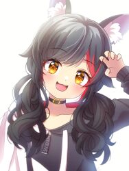 Rule 34 | 1girl, :3, animal ear fluff, animal ears, belt collar, black hair, blush, choker, claw pose, collar, copyright name, hand up, head tilt, highres, hololive, hood, hoodie, long hair, long sleeves, looking at viewer, low twintails, mmmera827, multicolored hair, ookami mio, ookami mio (casual), open mouth, red hair, smile, solo, streaked hair, twintails, virtual youtuber, wolf ears, wolf girl, yellow eyes, zipper pull tab