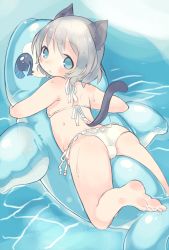 Rule 34 | 1girl, animal ears, ass, bikini, blue eyes, blush, cat ears, cat tail, flat chest, frilled bikini, frills, inflatable toy, looking at viewer, looking back, lying, okayu (headless), on stomach, sanya v. litvyak, short hair, silver hair, solo, strike witches, swimsuit, tail, white bikini, world witches series