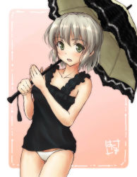 Rule 34 | 00s, 1girl, blush, green eyes, hanyu, lingerie, nightgown, no pants, open mouth, panties, parasol, sanya v. litvyak, short hair, sidelocks, signature, silver hair, solo, strike witches, thigh gap, thighs, umbrella, underwear, world witches series