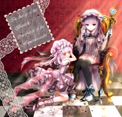 Rule 34 | 2girls, adapted costume, alternate costume, bad id, bad pixiv id, bare arms, bare shoulders, bat wings, capelet, chair, checkered floor, dress, english text, gloves, hand in own hair, hat, high heels, highres, himemurasaki, kneeling, leg ribbon, long hair, looking at viewer, mob cap, multiple girls, over-kneehighs, patchouli knowledge, pink dress, pink eyes, purple dress, purple eyes, purple hair, reflective floor, remilia scarlet, ribbon, silver hair, sitting, sleeveless, sleeveless dress, staff, striped clothes, striped dress, thighhighs, tile floor, tiles, touhou, very long hair, white gloves, wings, zettai ryouiki