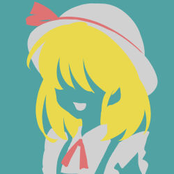 Rule 34 | 1girl, blending, blonde hair, blue background, flat color, hat, highres, kana anaberal, limited palette, maskin mei, medium hair, minimalism, no eyes, no lineart, portrait, silhouette, simple background, smile, solo, touhou, vector art, white hat