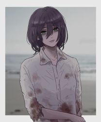 Rule 34 | 1girl, beach, blank eyes, blood, blood stain, blood on clothes, border, chainsaw man, collarbone, collared shirt, eyelashes, green eyes, grenade pin, hair between eyes, highres, lips, looking at viewer, medium hair, nori 8710, purple hair, reze (chainsaw man), sand, shirt, solo, torn clothes, water, white shirt