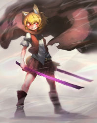 Rule 34 | 1girl, absurdres, animal ears, ascot, belt, belt boots, black ascot, black belt, blonde hair, blush, boots, brown cape, brown footwear, brown skirt, brown vest, cape, commentary, cookie (touhou), dual wielding, fox ears, full body, grin, highres, holding, holding staff, looking to the side, miramikaru riran, niwarhythm, pleated skirt, red eyes, shirt, short hair, short sleeves, skirt, smile, solo, staff, standing, teeth, vest, white shirt, wind