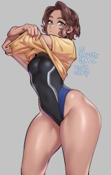 1girl :/ agawa_ryou artist_name black_one-piece_swimsuit breasts brown_eyes brown_hair closed_mouth clothes_lift commentary competition_swimsuit covered_navel dark-skinned_female dark_skin dated english_commentary expressionless feet_out_of_frame grey_background groin highleg highleg_one-piece_swimsuit lifting_own_clothes looking_at_viewer medium_breasts one-piece_swimsuit original shiny_skin shirt shirt_lift short_hair short_sleeves simple_background solo standing swimsuit thick_thighs thighs undressing yellow_shirt