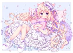 Rule 34 | 1girl, animal ears, blonde hair, bloomers, blue background, blush, cat ears, cat girl, cat tail, commentary, dress, frilled dress, frilled pillow, frills, full body, heart, heart-shaped pillow, knees up, long hair, looking at viewer, hugging object, open mouth, original, pillow, puffy short sleeves, puffy sleeves, purple eyes, puu (kari---ume), short sleeves, single wrist cuff, slippers, socks, solo, star (symbol), starry background, symbol-only commentary, tail, two-tone background, underwear, very long hair, white background, white bloomers, white dress, white footwear, white socks, wrist cuffs