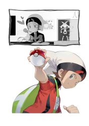 Rule 34 | 1boy, 1girl, backpack, bag, beanie, bike shorts, blush stickers, bow hairband, brendan (pokemon), brown hair, clenched hand, closed mouth, creatures (company), e volution, fanny pack, game freak, gardevoir, gen 3 pokemon, green bag, grey eyes, hairband, hat, heart, holding, holding poke ball, looking to the side, may (pokemon), motion lines, nintendo, o3o, partially colored, poke ball, poke ball (basic), pokemon, pokemon (creature), pokemon oras, poster (object), shirt, shoes, short sleeves, shorts, sleeveless, sleeveless shirt, smile, standing, walk-in, white headwear
