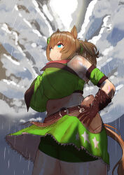 Rule 34 | 1girl, absurdres, animal ears, aqua eyes, arm strap, armpits, bandana, bare shoulders, blush, breasts, brown gloves, brown hair, cleavage, commentary request, cowboy hat, cowboy shot, gloves, gradient background, green skirt, grin, groin, hair between eyes, hair ornament, hat, highres, holster, horse ears, horse girl, horse tail, large breasts, linea alba, looking at viewer, medium hair, midriff, navel, outdoors, ponytail, rain, red bandana, skirt, smile, taiki shuttle (umamusume), tail, tatsu san, two-tone background, umamusume, weapon