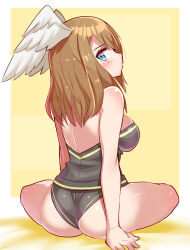 1girl ass bare_shoulders blue_eyes blush breasts brown_hair cougar_(cougar1404) eunie_(xenoblade) from_behind head_wings huge_ass leotard long_hair looking_at_viewer looking_back medium_breasts sideboob sitting solo wings xenoblade_chronicles_(series) xenoblade_chronicles_3