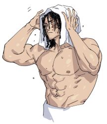 Rule 34 | 1boy, abs, after bathing, bara, black hair, cropped legs, drying, drying hair, expressionless, hands on own head, jujutsu kaisen, large pectorals, looking ahead, looking at viewer, male focus, muscular, muscular male, navel, nipples, pectorals, poopvirus, sanpaku, scar, scar across eye, short hair, sideburns, solo, stomach, thick eyebrows, topless male, toudou aoi (jujutsu kaisen), towel, towel around waist, towel on head, v-taper, wet, wet hair