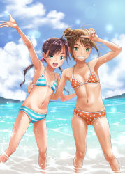 Rule 34 | 2girls, :d, arm around waist, arm up, armpits, bikini, black hair, blue bikini, blue eyes, blue sky, brown hair, cameltoe, cloud, cloudy sky, commentary request, day, double bun, flat chest, green eyes, grin, hair bobbles, hair bun, hair ornament, highres, leaning to the side, lens flare, looking at viewer, low twintails, malcorond, multiple girls, navel, open mouth, original, outdoors, polka dot, polka dot bikini, red bikini, short hair, skindentation, sky, smile, splashing, standing, string bikini, striped bikini, striped clothes, swept bangs, swimsuit, tan, twintails, v, wading, water, waving