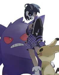 Rule 34 | 1boy, ahoge, allister (pokemon), black hair, collared shirt, commentary, creatures (company), game freak, gen 1 pokemon, gen 7 pokemon, gengar, gloves, gym leader, hand up, highres, long sleeves, male focus, mask, mimikyu, nintendo, pokemon, pokemon (creature), pokemon swsh, purple eyes, rozu ki, shirt, shoes, short hair, shorts, single glove, standing, suspender shorts, suspenders, white footwear