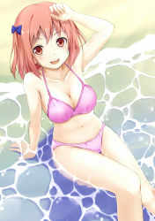 Rule 34 | 1girl, beach, bikini, breasts, cleavage, collarbone, hataraku maou-sama!, highres, medium breasts, midriff, navel, ocean, open mouth, oruna, outdoors, pink bikini, pink hair, red eyes, revision, sasaki chiho, short hair, short twintails, smile, solo, stomach, swimsuit, twintails, water