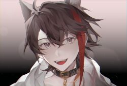 Rule 34 | 1boy, animal ear fluff, animal ears, belt buckle, black background, black collar, blue eyes, brown hair, buckle, chain, collar, collarbone, colored eyelashes, commentary, dog ears, fangs, gold chain, gradient background, grey background, highres, hood, hood down, kemonomimi mode, komatsu2536, looking at viewer, male focus, multicolored hair, nijisanji, open mouth, red hair, saegusa akina, short hair, smile, streaked hair, symbol-only commentary, teeth, two-tone background, upper body, upper teeth only, virtual youtuber, white hood