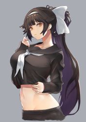 Rule 34 | 1girl, absurdres, azur lane, black hair, black serafuku, bow, breasts, brown hair, collarbone, grey background, groin, hair bow, hairband, highres, hotate-chan, large breasts, long hair, looking at viewer, midriff, parted lips, ponytail, school uniform, serafuku, simple background, solo, takao (azur lane), takao (school romanza) (azur lane), uniform, very long hair, white bow