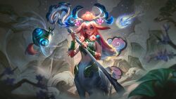 Rule 34 | 1girl, absurdres, animal, animal ears, artist request, bird, blue eyes, breasts, centaur, centauroid, deer ears, deer tail, hair between eyes, highres, holding, holding staff, league of legends, lillia (league of legends), long hair, magic, mountain, multicolored hair, official alternate costume, second-party source, shan hai scrolls lillia, small breasts, solo, staff, tail, taur, water, waves