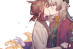 Rule 34 | 2girls, alternate costume, arknights, armband, bad id, bad twitter id, black headwear, blush, breasts, brown hair, brown sweater, clock, closed eyes, coat, french kiss, gloves, grey hair, grey jacket, hat, highres, jacket, jewelry, kiss, long hair, long sleeves, looking at another, medium breasts, mole, mole under eye, multiple girls, necklace, official alternate costume, open clothes, open coat, open jacket, orange eyes, owl ears, ptilopsis (arknights), ptilopsis (serenity) (arknights), purple coat, short hair, short ponytail, sidelocks, simple background, sweater, upper body, white background, white gloves, yuri, zy (zyyyyyyy9)