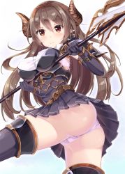 Rule 34 | 10s, 1girl, ass, bad anatomy, bra, breast rest, breasts, brown hair, draph, elbow gloves, covered erect nipples, forte (shingeki no bahamut), from below, fukuda shuushi, gloves, granblue fantasy, highres, horns, impossible clothes, lance, large breasts, long hair, panties, pantyshot, pink panties, polearm, red eyes, shingeki no bahamut, skirt, solo, thighhighs, thighs, underwear, upskirt, weapon