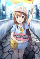 Rule 34 | 10s, 1girl, :d, absurdres, arm up, blue shirt, brown eyes, brown hair, character name, collarbone, day, floating hair, flower, hair between eyes, hat, hataraku saibou, highres, holding, holding flower, ibning27, long hair, looking at viewer, naked shirt, open mouth, outdoors, platelet (hataraku saibou), shirt, short sleeves, smile, solo, standing, very long hair, whistle, whistle around neck, white hat