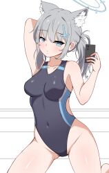 Rule 34 | 1girl, absurdres, animal ear fluff, animal ears, arm behind head, black one-piece swimsuit, blue archive, blue eyes, breasts, competition swimsuit, covered navel, cross hair ornament, extra ears, feet out of frame, grey hair, hair ornament, halo, highres, holding, holding phone, kneeling, low ponytail, medium breasts, medium hair, mismatched pupils, multicolored clothes, multicolored swimsuit, official alternate costume, one-piece swimsuit, phone, shiroko (blue archive), shiroko (swimsuit) (blue archive), solo, swimsuit, wolf ears, zhyseven