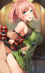 Rule 34 | 1boy, 1girl, arm held back, bare shoulders, belko, black gloves, blue eyes, blush, braid, breasts, clothed sex, crown braid, cuffs, daiba canon, dress, fingerless gloves, gloves, god eater, god eater burst, green dress, hetero, highres, large breasts, looking at viewer, looking back, open mouth, pink hair, ponytail, sex, sex from behind, short hair, sidelocks, standing, standing sex, sweat, thighs
