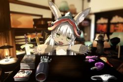 Rule 34 | 1girl, animal ears, ears through headwear, furry, genya (genya67), hat, helmet, highres, long hair, looking at viewer, made in abyss, nanachi (made in abyss), open mouth, pants, smile, whiskers, white hair, yellow eyes