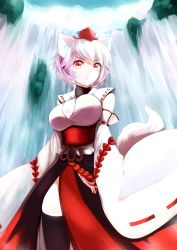 Rule 34 | 1girl, animal ear fluff, animal ears, black thighhighs, breasts, detached sleeves, hat, highres, inubashiri momiji, large breasts, long sleeves, nanashin naomi, red eyes, rope, sash, short hair, side slit, solo, standing, tail, thighhighs, tokin hat, touhou, tsurime, water, waterfall, white hair, wide sleeves, wolf ears, wolf tail
