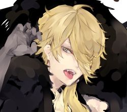 Rule 34 | 10s, 1boy, blonde hair, claw pose, gloves, hair over one eye, half-closed eyes, looking at viewer, low ponytail, male focus, open mouth, or i, personification, ponytail, shishiou (touken ranbu), shishiou no mofumofu, simple background, solo, tongue, touken ranbu, white background