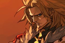Rule 34 | 1boy, arc system works, beard, blonde hair, blue eyes, closed mouth, commentary request, facial hair, from side, frown, fur trim, guilty gear, guilty gear xrd, hungry clicker, leo whitefang, looking at viewer, male focus, manly, red background, solo, upper body