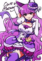 Rule 34 | 1girl, animal ears, blush, bow, bow choker, breasts, cat ears, cat tail, character name, choker, cure macaron, earrings, elbow gloves, extra ears, food-themed hair ornament, gloves, hair ornament, jewelry, kagami chihiro, kirakira precure a la mode, kotozume yukari, long hair, looking at viewer, macaron hair ornament, magical girl, medium breasts, pom pom (clothes), pom pom earrings, pouch, precure, purple choker, purple eyes, purple footwear, purple hair, purple tail, ribbon choker, skirt, smile, solo, tail, twitter username, white gloves