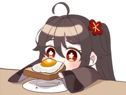 Rule 34 | 1girl, ahoge, black hair, blush, bread, brown jacket, chibi, crumbs, eating, egg, egg (food), eyebrows hidden by hair, flower, flower-shaped pupils, food, fried egg, genshin impact, hair between eyes, hair flower, hair ornament, holding, holding food, hu tao (genshin impact), jacket, long hair, long sleeves, miyako draw, outstretched arms, plate, red eyes, red flower, simple background, sleeves past wrists, solo, symbol-shaped pupils, table, twintails, white background, wide sleeves