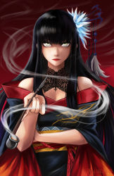Rule 34 | 1girl, absurdres, bare shoulders, black hair, blunt bangs, closed mouth, commentary, detached collar, english commentary, final fantasy, final fantasy xiv, flower, green eyes, hair flower, hair ornament, highres, holding, holding smoking pipe, japanese clothes, kimono, lips, lipstick, long hair, looking at viewer, makeup, mole, mole under mouth, obi, pokurimio, red lips, sash, smoke, smoking pipe, solo, spider lily, upper body, yotsuyu goe brutus